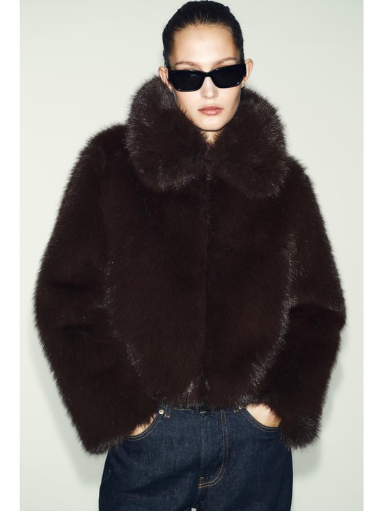 Zara Jackets & Blazers - ZARA SHORT FAUX FUR LAPEL COLLAR COAT JACKET BROWN 6318/285 WINTER SKI